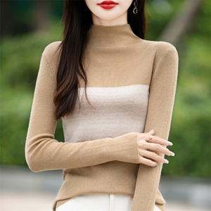 2025秋冬小众设计感半高领拼接百搭针织衫女修身显瘦内搭打底毛衣图片