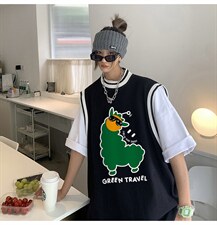 中性2022夏季新款设计感动物图案小领口条纹T恤T615P40控58，女装T恤，A247A