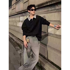 网图千鸟格翻领秋装长袖t恤潮男装polo衫老钱风卫衣外套S524特28，男装T恤，电商A233-1