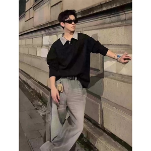 网图千鸟格翻领秋装长袖t恤潮男装polo衫老钱风卫衣外套S524特28