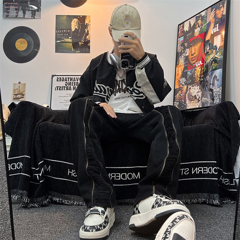 美式ins高街hiphop毛须小众拉链休闲牛仔长裤货号K2309P65控88图片