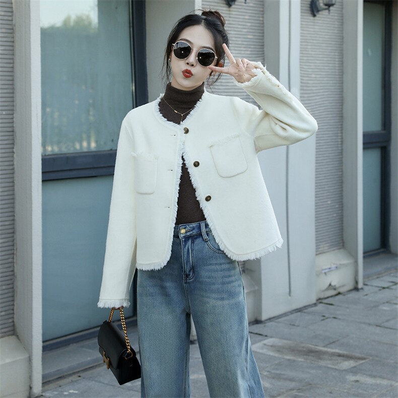 现货新款流苏小香风轻奢知性双面羊毛呢短外套，女装双面呢大衣，丝露怡语