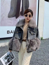 御姐范儿洋气牛仔拼接狐狸坎毛内胆90%羽绒皮草外套，女装皮草，L·H·X