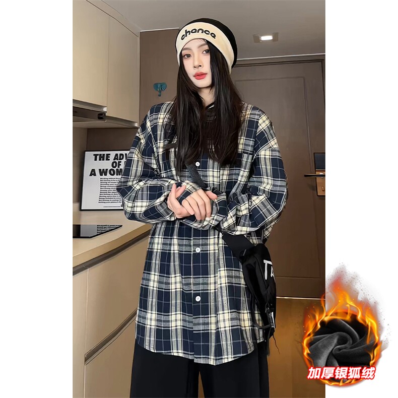 抗寒银狐绒格子翻领长袖衬衫男潮流宽松衬衣C5450J加绒-特P38控68,男装衬衫,电商A001