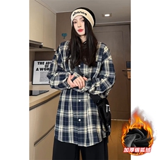 抗寒银狐绒格子翻领长袖衬衫男潮流宽松衬衣C5450J加绒-特P38控68，男装衬衫，电商A001
