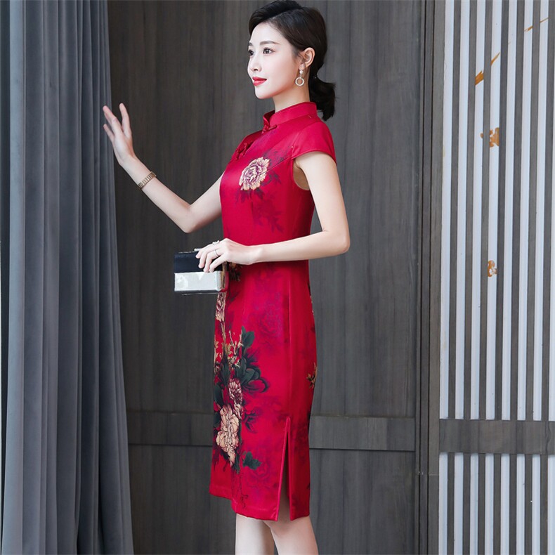 2024春夏季新款专柜品质真丝高奢时尚修身中长款婚礼旗袍连衣裙,女装连衣裙,小荷流