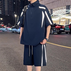网络图夏季套装男士宽松反光条套头衬衫短裤套装，男装牛仔裤，星座410-7