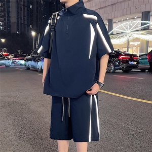 网络图 夏季套装男士宽松反光条套头衬衫短裤套装图片