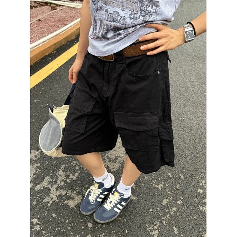 复古多口袋工装短裤男女休闲宽松水洗直筒五分裤日系夏季 KN1104图片
