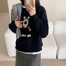2025年秋季圆领长袖单件套头眼镜小狗舒适时尚百搭通勤，女装针织衫/毛衣，伊绒腾羊绒
