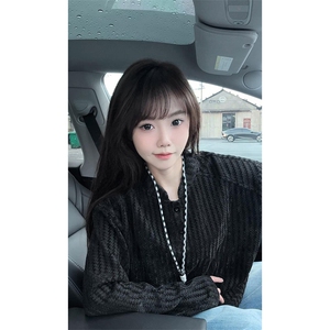 美式高街千鸟格子长袖T恤男女亨利V领英伦雅痞休闲宽松长袖打底衫图片