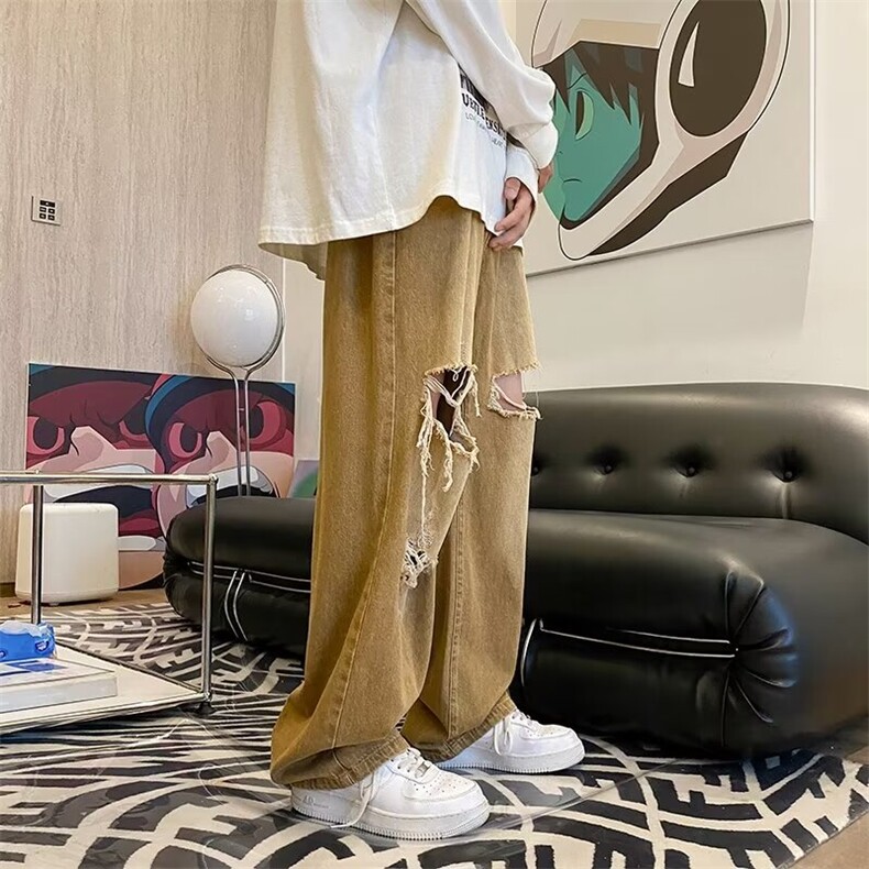 欧美嘻哈破洞牛仔裤男宽松直筒阔腿裤高街潮牌休闲长裤RK1518-P43,男装牛仔裤,星座412-3