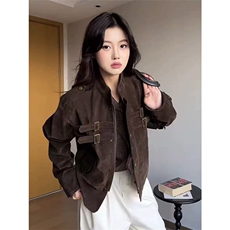 网图有货美式拼接设计麂皮绒外套男女宽松织带夹克A1046-P73，男装夹克，星座1505