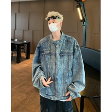 美式复古做旧水洗垫肩短款拼接牛仔外套潮牌金属设计感无领夹克男，男装工装外套，星座1013
