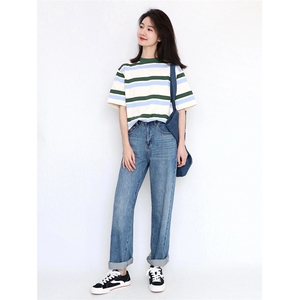 H0508-p35潮牌美式复古条纹正肩短袖t恤女夏季2026新款设计感,属鼠女属狗的搭配好吗图片