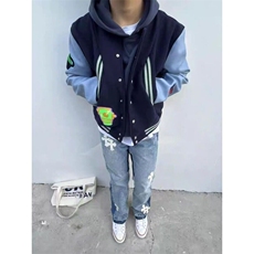 W9426-P75网图现货新款高街限定蓝袖短款拼接棒球服夹克外套，男装夹克，星座1608-2