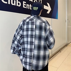 春秋美式街头拼接长袖格子衬衫男设计感小众毛边潮牌情侣衬衣外套，男装衬衫，星座601-2