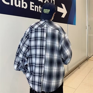 春秋美式街头拼接长袖格子衬衫男设计感小众毛边潮牌情侣衬衣外套图片