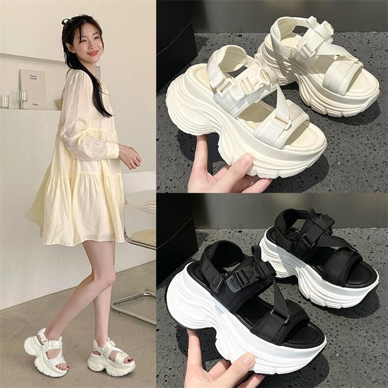 2024夏季厚底休闲凉鞋女小个子增高老爹鞋松糕底魔术贴露趾鞋，女鞋凉鞋，电商A223