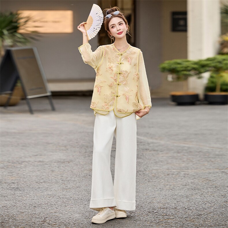 新中式国风刺绣马甲衬衫两件套女夏2025新款宽松漂亮薄款防晒上衣,女装套装/套裙,采品优优