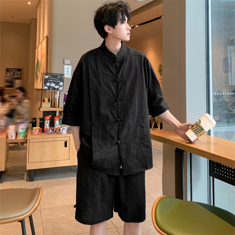 男装夏季短袖套装两件套新中式短裤宽松棉麻男装 T033 P95 控138图片