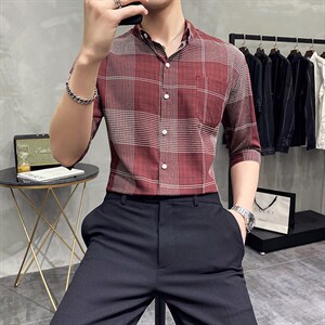 2021现货夏季格子短袖衬衫男修身七分袖衬衣韩版CS27-P45图片