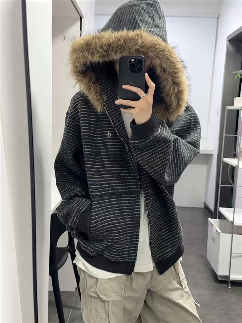 网图美式复古条纹连帽卫衣外套男高级感情侣针织开衫JK0721-特P88,女装短外套,星座1007（原301D）