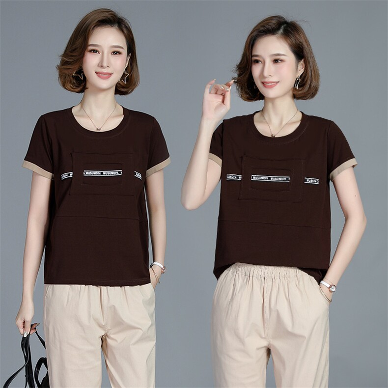 短袖t恤女2021新款圆领简约韩版潮夏装体恤宽松印花条纹上衣女，女装T恤，依恋蒂丝