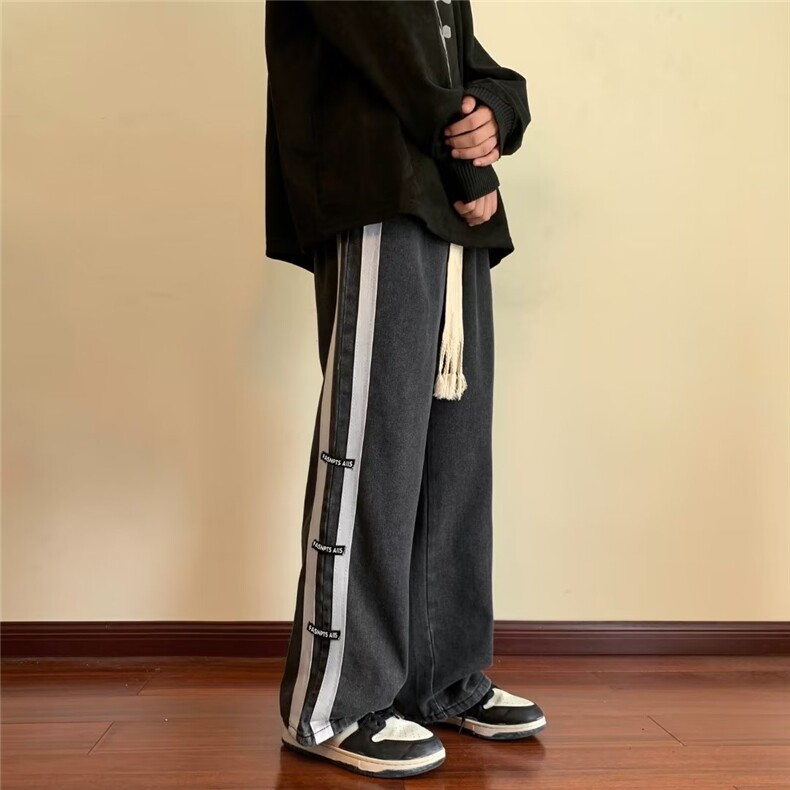 复古拼接牛仔裤男士美式潮牌宽松直筒裤高街帅气阔腿裤80233-p48,男装牛仔裤,星座1008