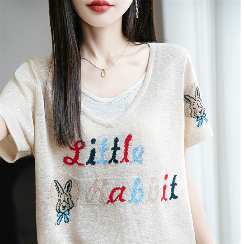 夏季双层V领短袖T恤女宽松竹节麻字母外搭薄款针织半袖上衣显瘦潮，女装T恤，菲奥羊绒