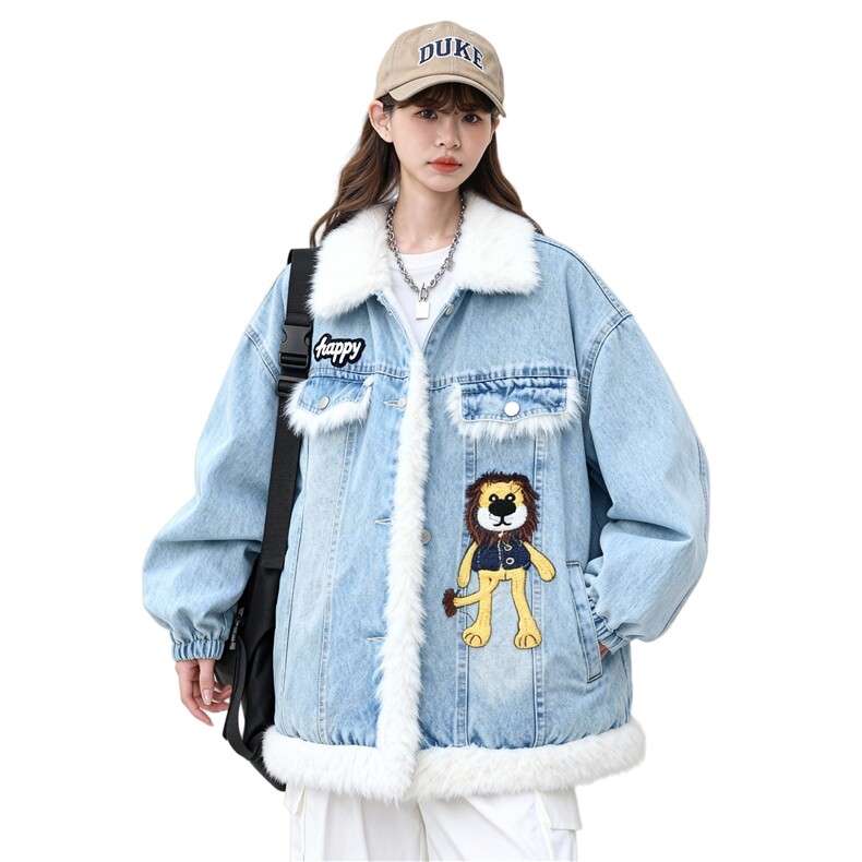 25冬羊羔绒拼接翻领牛仔女卡通绣花宽松加棉外套705-1-M9881-P118,女装短外套,星座705-1