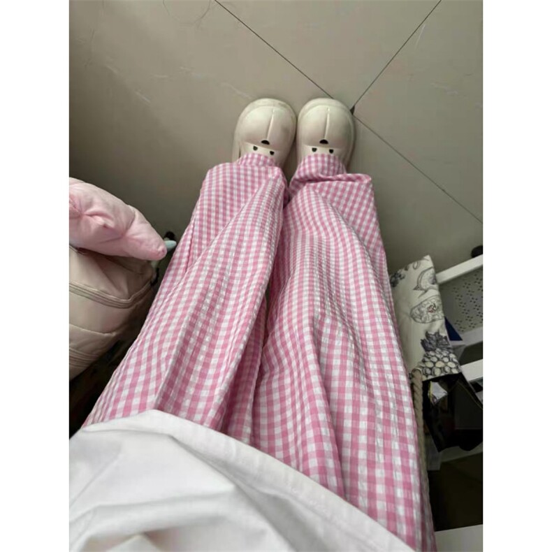 AK2497-P55粉红格子夏季薄款阔腿裤慵懒风甜美百搭宽松休闲裤,男装休闲裤,星座617A-2