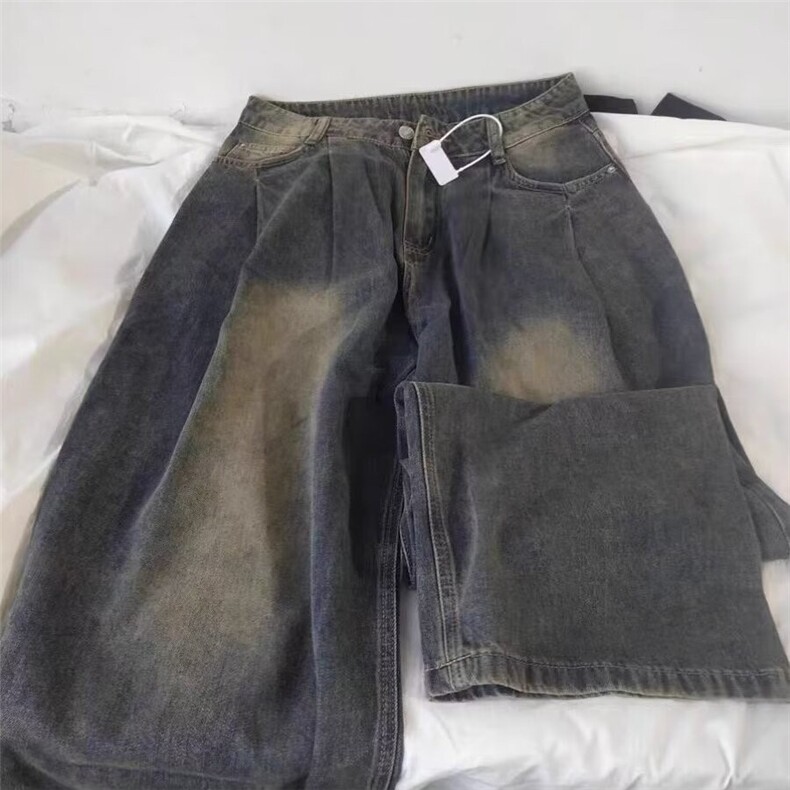 D5203-P50水泥灰阔腿牛仔裤男女2024春秋直筒垂感拖地裤-网图现货,男装牛仔裤,星座603-2