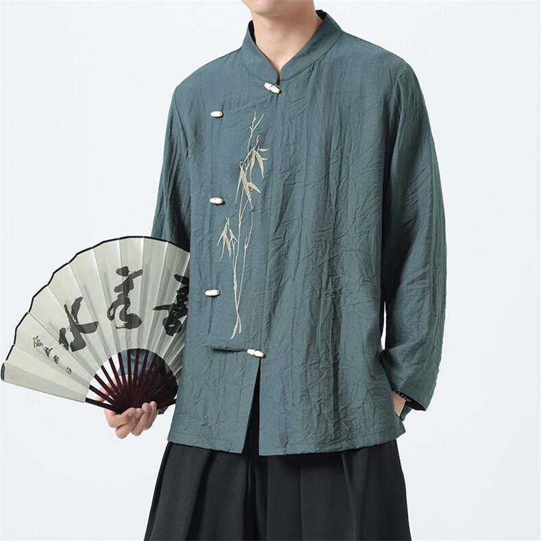 风（折枝金竹）棉麻混纺绣花木头扣大码宽松长袖衬衫男女款图片