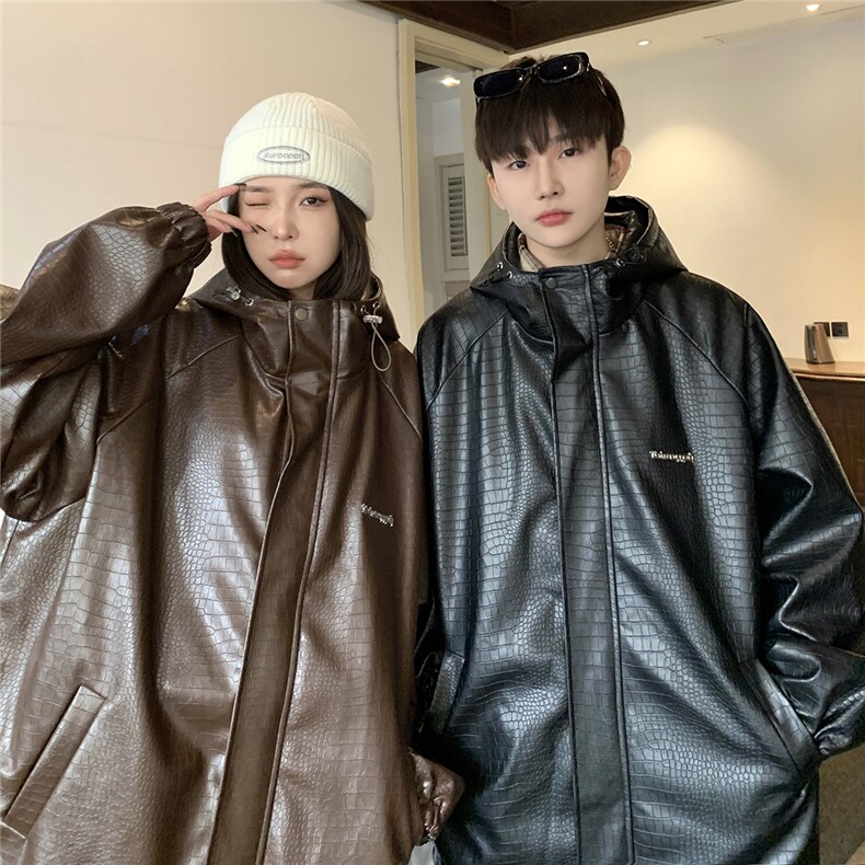 1鳄鱼纹连帽冲锋衣大码M-5XL面层：PU皮夹克男JK8744P90控128，男装夹克，星座226-2