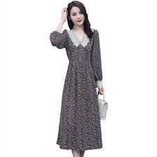 2021春季新款简约时尚气质V领拼接蕾丝中长款碎花收腰连衣裙，女装连衣裙，瑶迪依秀