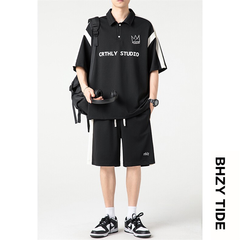 夏季新款polo领短袖T恤套装男宽松大码短裤两件套XZ80029-P70,男装休闲套装,电商A042