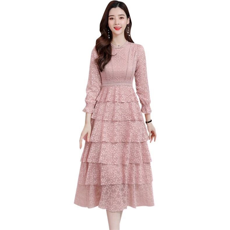 纯色蕾丝2021年春季时尚潮流舒适简约个性中长款长袖连衣裙,女装连衣裙,尚洛菲