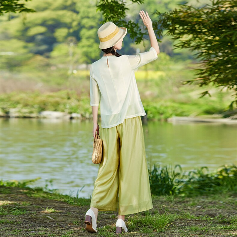 新中式套装女2026新款夏季民族风优雅宽松显瘦小衫阔腿裤两件套潮,女装套装/套裙,水衣源