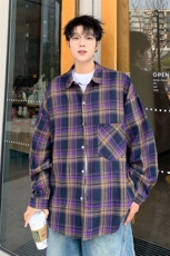 衬衫男春季新款港风宽松磨毛格子长袖衬衣CS2019-P35，男装衬衫，星座214-3