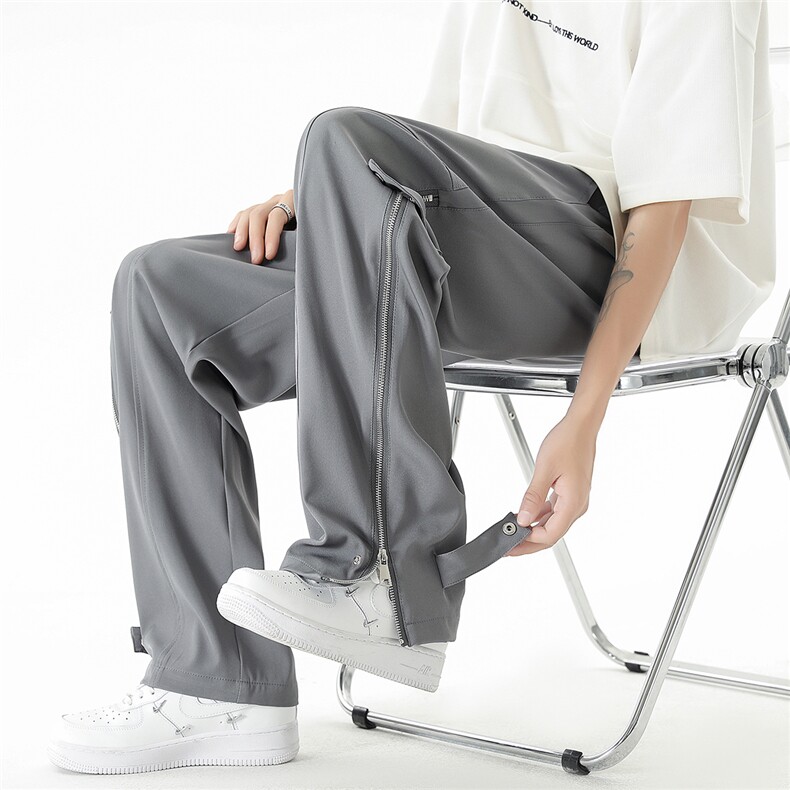 日系冰丝拉链工装裤男抽绳潮流裤男拖地直筒长裤SK77042P55控79，男装工装外套，星座226-1
