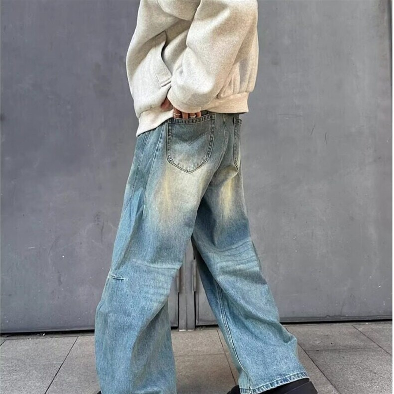 蓝色阔腿牛仔裤男2024新款垂感显高弯刀裤设计休闲长裤潮,男装牛仔裤,星座506A