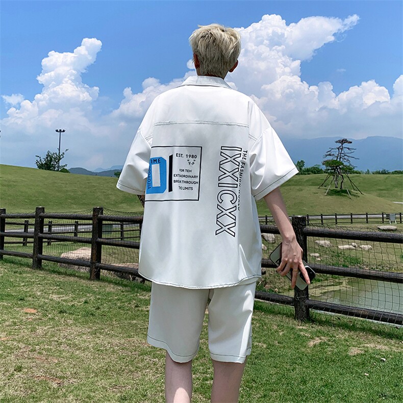 特批P65无差价夏季冰丝凉感薄款字母印花男休闲复古两件套装TZ361,男装休闲套装,电商A001-1