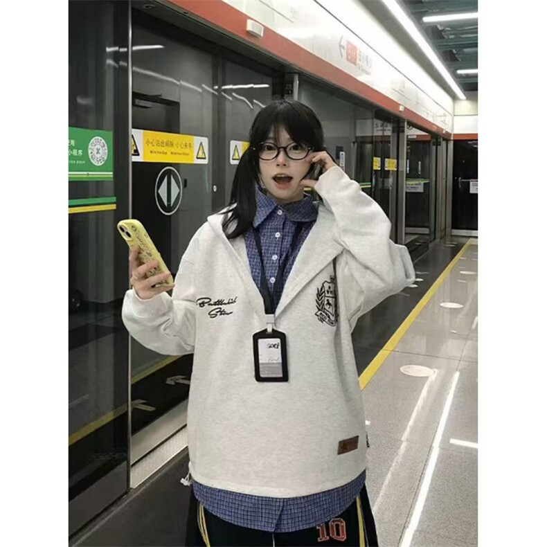 5556-P62原版做工压线+刺绣+广州格子假两件休闲卫衣,女装卫衣/绒衫,星座617A-2