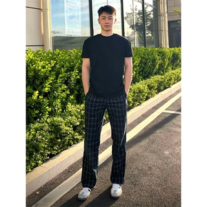 1014-1-kz577- 夏季薄款格子裤微喇休闲裤男图片