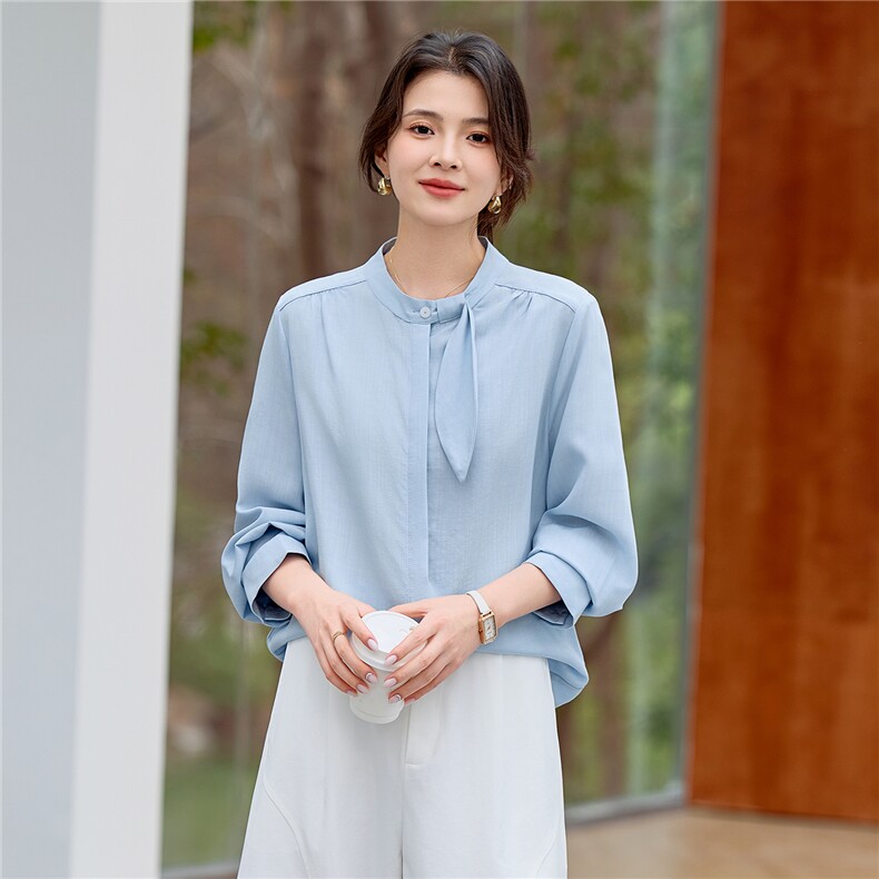 天丝衬衫女士长袖通勤职业衬衣西装内搭法式飘带上衣,女装衬衫,梦懿尔