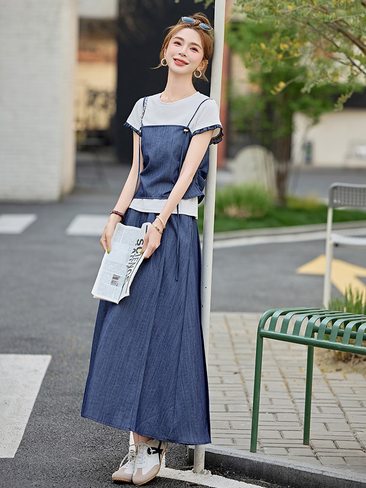 2025夏季新款套装短袖T恤吊带马甲背心半身裙三件套时尚女装,女装套装/套裙,曼娅璐