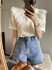 夏·新款2022 韩版V领纱不规则边纹上，其它，意妹EAMEI(3F)