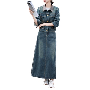 潮牌复古时尚牛仔套装女2024春秋新款洋气炸街短外套阔腿裤两件套图片