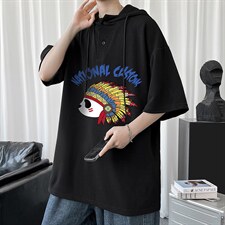LD54196-P45连帽短袖t恤男大码胖子带帽五分袖中袖，男装T恤，电商A040